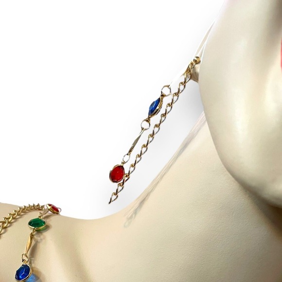 Retro Gold Rainbow Colorful Disc Double Strand Chain Necklace Dangle Earring Set - Picture 2 of 6